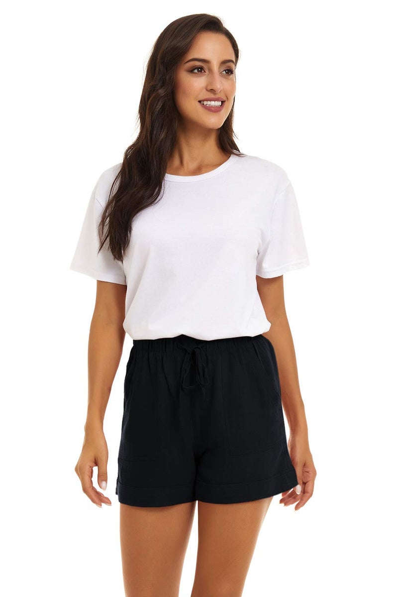 KINGFEN Womens Shorts Pull On Lounge Black Shorts for Women Casual Summer Beach Comfy Elastic Waist Drawstring Cotton Linen Short with Pockets Black Small - Image 4